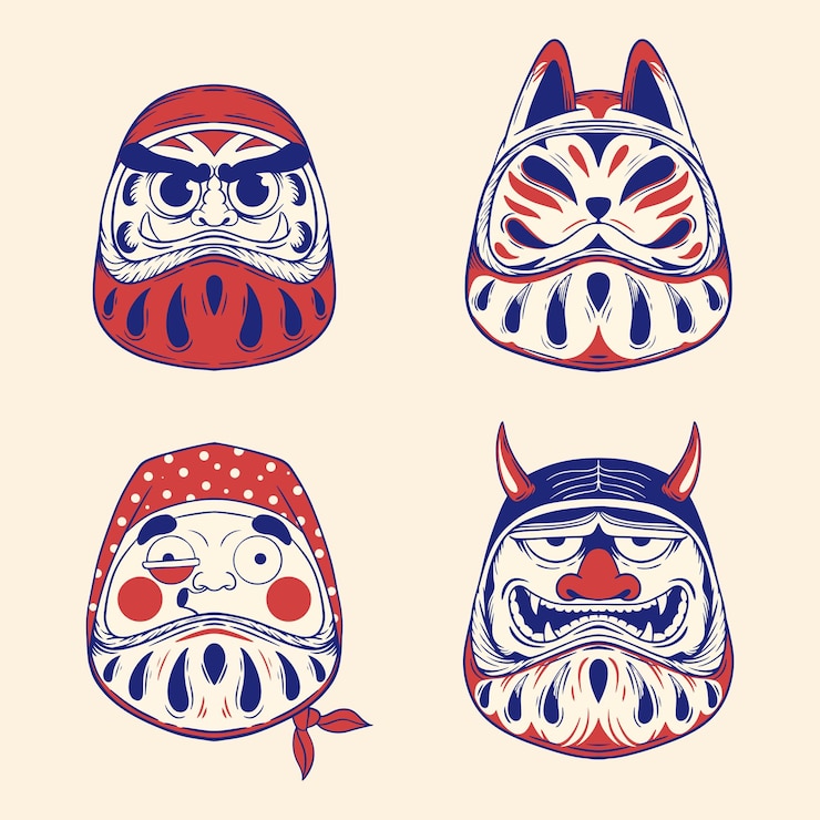 Vector etiqueta engomada del vector de la máscara de daruma con estilo tradicional