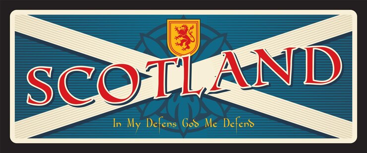Vector etiqueta de equipaje de viaje de escocia y placa de estaño del país