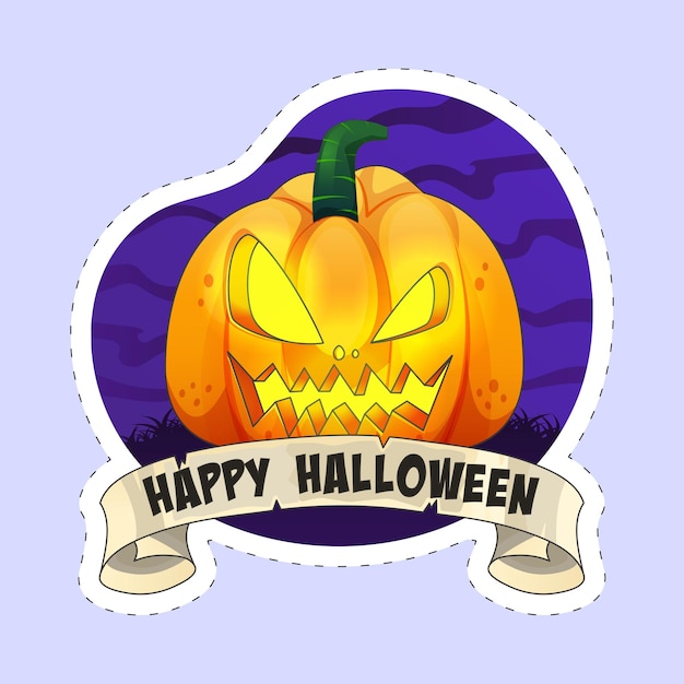 Vector etiqueta estilo feliz halloween fuente con jackolantern sobre fondo violeta y azul