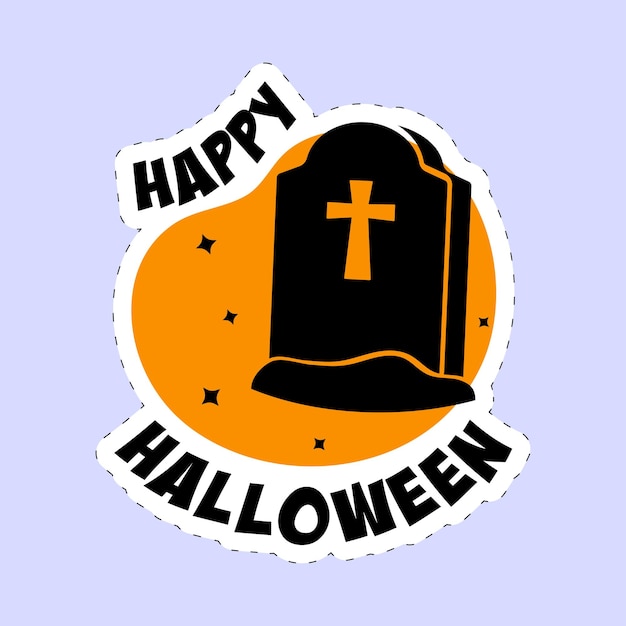 Etiqueta Estilo Feliz Halloween Fuente Con Tombstone O Cementerio Sobre Fondo Naranja Y Azul
