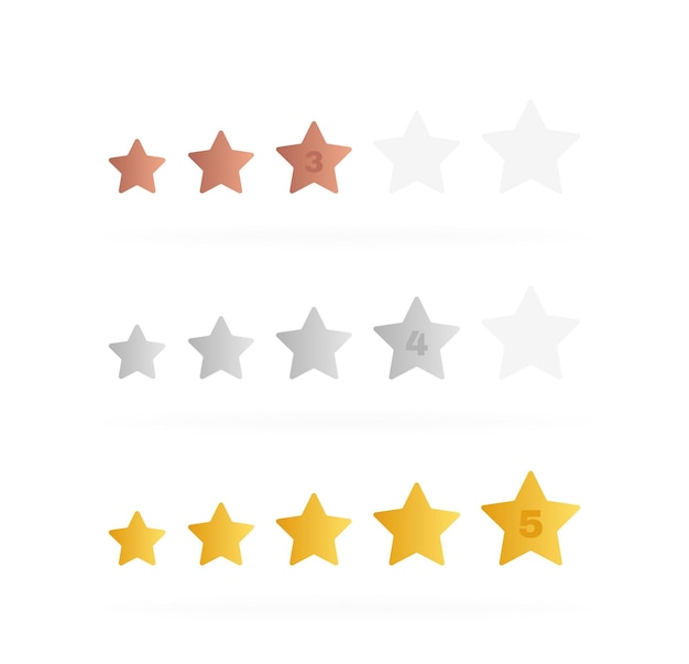 Etiqueta de estrellas con diferente nivel de calificación Cinco, cuatro y tres estrellas Revisión de la calificación del producto del cliente Ilustración vectorial moderna