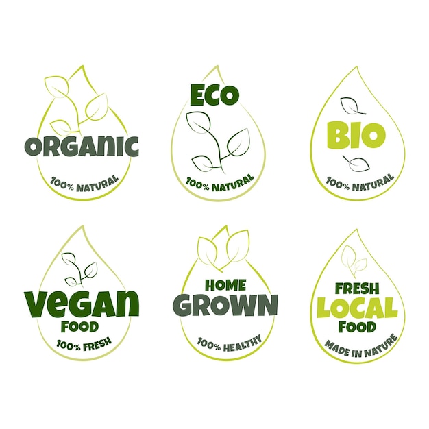 Etiqueta, etiqueta, insignia de productos ecológicos, bio, orgánicos y naturales. Plantilla de logotipo en forma de agua.