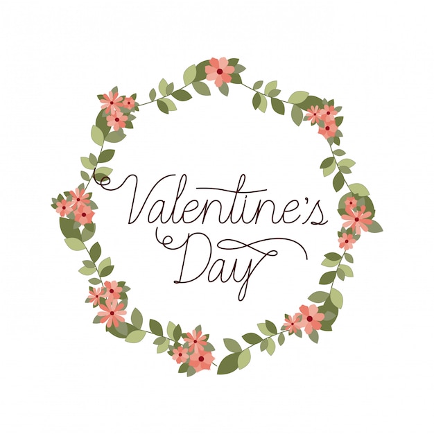 Etiqueta de feliz día de San Valentín con los iconos de la corona de flores