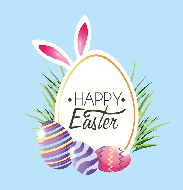 Etiqueta feliz de Pascua con la decoración y el conejo de los huevos de Pascua