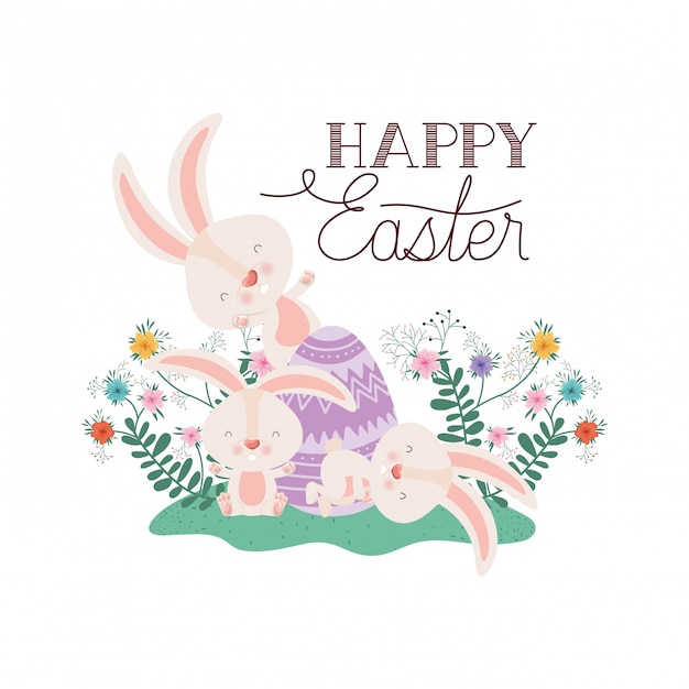 Etiqueta de feliz Pascua con el icono de huevo y flores