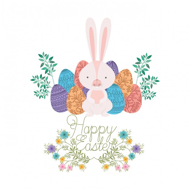 Etiqueta de feliz Pascua con el icono de huevo y flores
