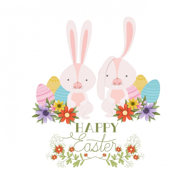 Etiqueta de feliz Pascua con el icono de huevo y flores