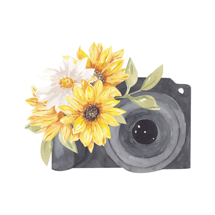 Etiqueta de foto de acuarela Cámara de fotos dibujada a mano rodeada de varias flores