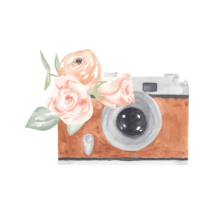 Etiqueta de foto de acuarela Cámara de fotos dibujada a mano rodeada de varias flores