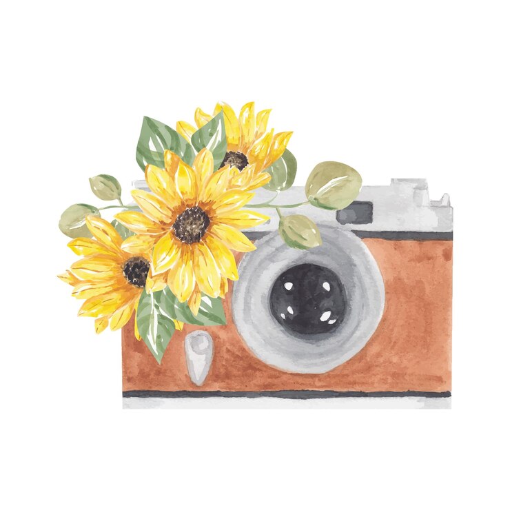 Etiqueta de foto de acuarela Cámara de fotos dibujada a mano rodeada de varias flores