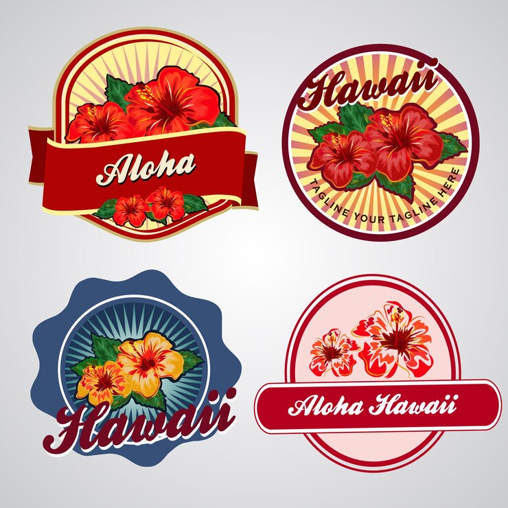 Etiqueta de Hawaii con hibisco