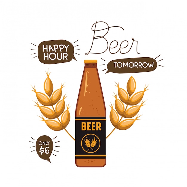 Etiqueta de hora feliz con el icono de cerveza aislado