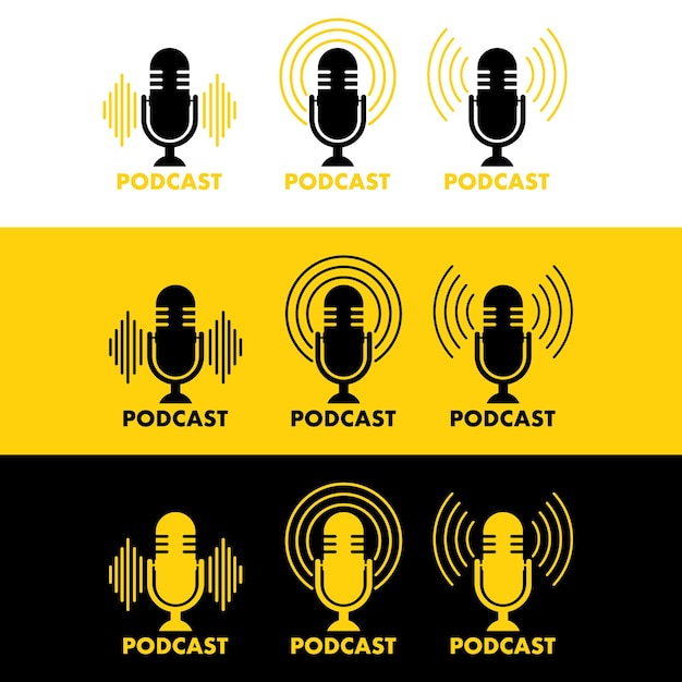 Vector etiqueta de icono de radio de podcast transmisión de micrófono de estudio podcast creativo ilustración de stock vectorial