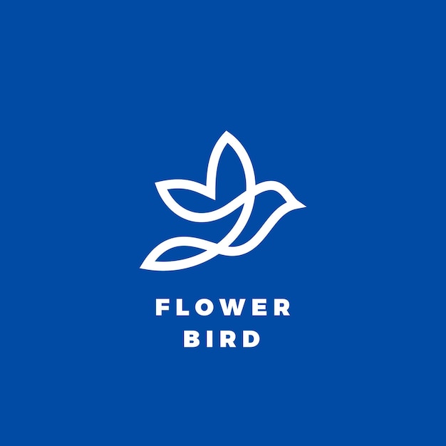 Etiqueta de icono de vector abstracto de pájaro de flor o plantilla de logotipo estilo de línea silueta blanca sobre fondo azul