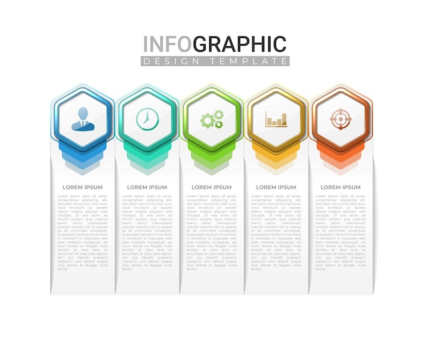 Etiqueta infográfica realista 3d en 5 pasos Infografía vertical con gradiente hexagonal colorido