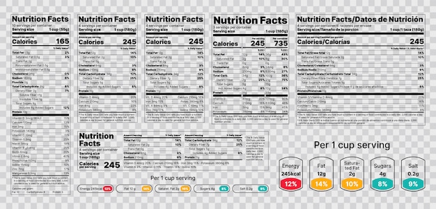 Vector etiqueta de información nutricional. ilustración. conjunto de tablas de información alimentaria.