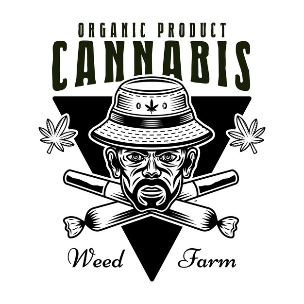 Etiqueta de insignia de emblema de vector de cultivo de marihuana o logotipo con cabeza de fumeta en sombrero de cubo y dos juntas de malezas cruzadas Ilustración en estilo monocromo vintage aislado sobre fondo blanco