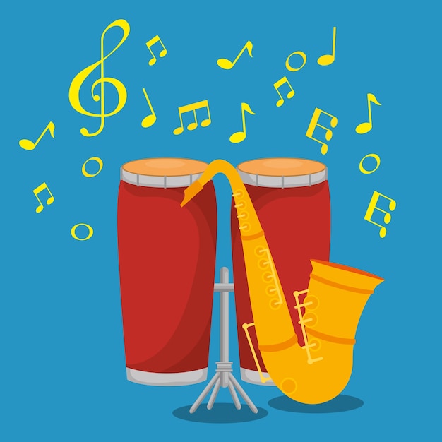 etiqueta de instrumentos musicales bongos y saxofón