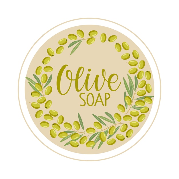Etiqueta de jabón de oliva con boceto de corona de rama de olivo. Etiqueta de círculo con rama de olivo y hojas y frutas