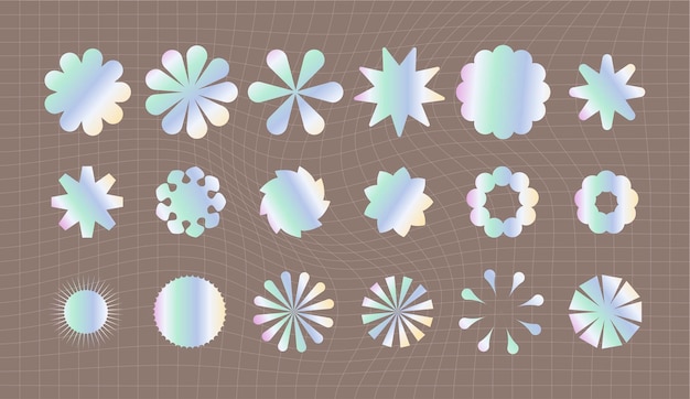 Etiqueta de lámina holográfica Plantillas de etiquetas de emblema Holo con símbolos geométricos de degradado de color iridiscente y objetos en estilo y2k
