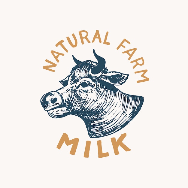 Etiqueta de leche. Logotipo de vaca vintage para tienda. Insignia de ganado para camisetas. Boceto grabado dibujado a mano.