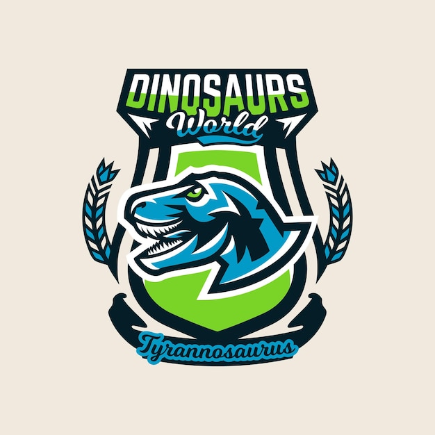 La etiqueta del logotipo del emblema colorido el dinosaurio del período Jurásico de la era Mesozoica está aislada en un fondo del escudo Ilustración vectorial