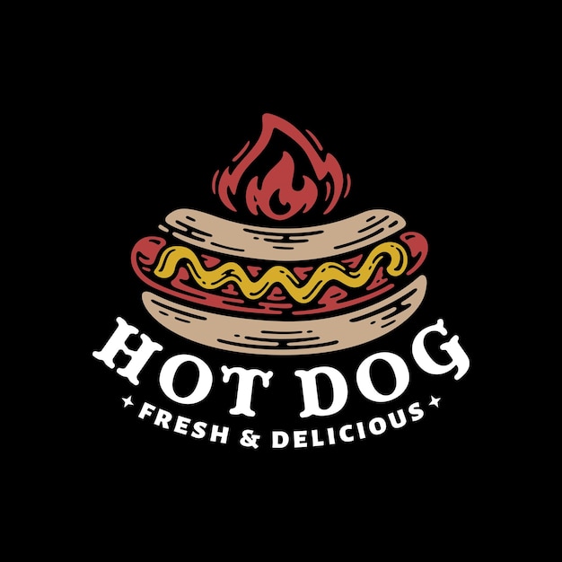 Vector etiqueta de logotipo de hot dog con fuego en estilo vintage doodle