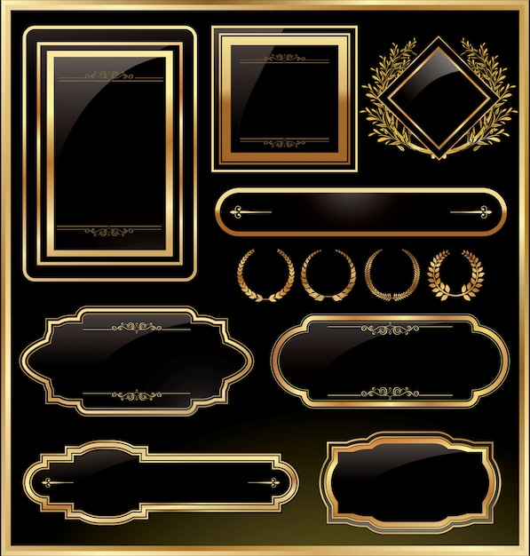 Etiqueta de marco de oro negro vector vintage