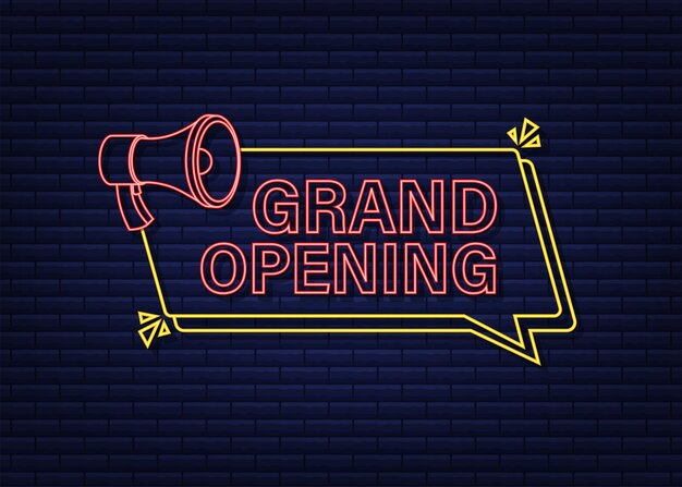 Etiqueta de megáfono con gran inauguración de neón. Banner de megáfono. Diseño web. Ilustración de stock vectorial.