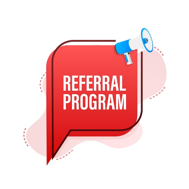Etiqueta de megáfono con programa de referencia. Banner de megáfono. Diseño web. Ilustración de stock vectorial.