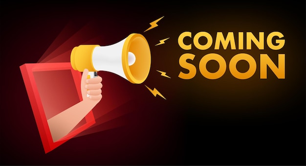 Etiqueta de megáfono con próximamente Banner de megáfono Diseño web Ilustración de stock vectorial