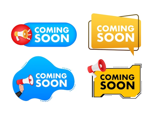 Etiqueta de megáfono con texto próximamente Banner de promoción de megáfono en mano Marketing