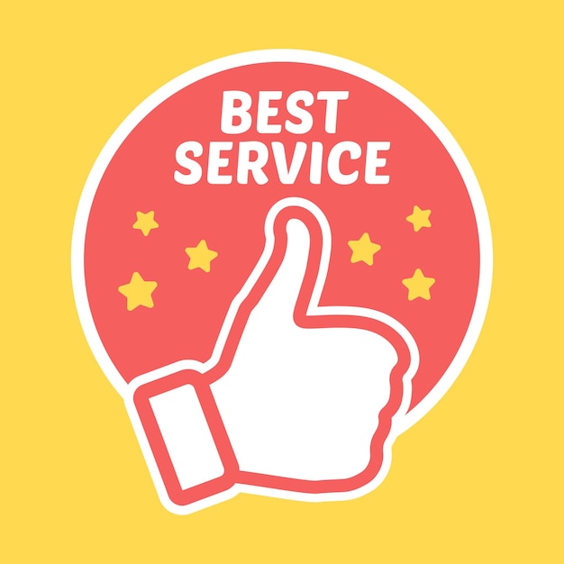 Etiqueta de mejor servicio con pulgares hacia arriba Insignia simple aislada sobre fondo amarillo Ilustración vectorial en estilo plano