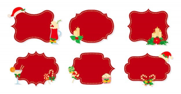 Vector etiqueta de navidad y etiqueta plana. dibujos animados vacaciones colección rojo navidad parche etiquetas. etiquetas navideñas decoradas con objetos, acebo muérdago, galletas de caramelo. colección de año nuevo. ilustración