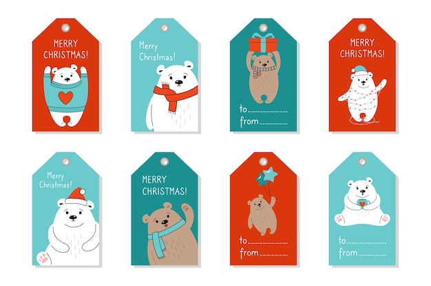 Etiqueta de navidad set dibujos animados oso polar y pardo