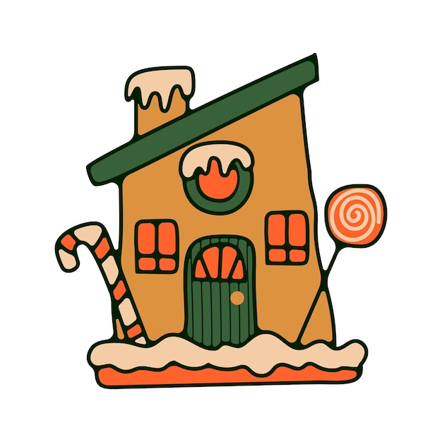 Etiqueta navideña con casa Sticker Sello y insignia Elementos de diseño en estilo retro Elementos festivos de Año Nuevo aislados en fondo blanco Ilustración vectorial