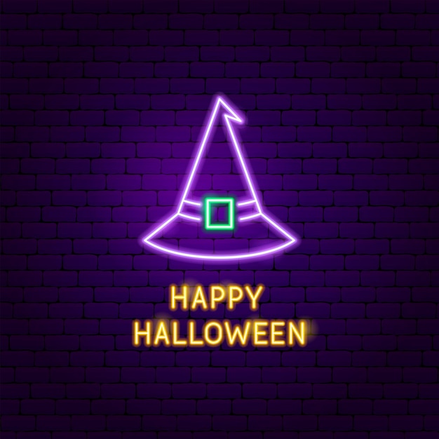 Etiqueta de neón de bruja de halloween feliz. ilustración de vector de promoción de vacaciones.