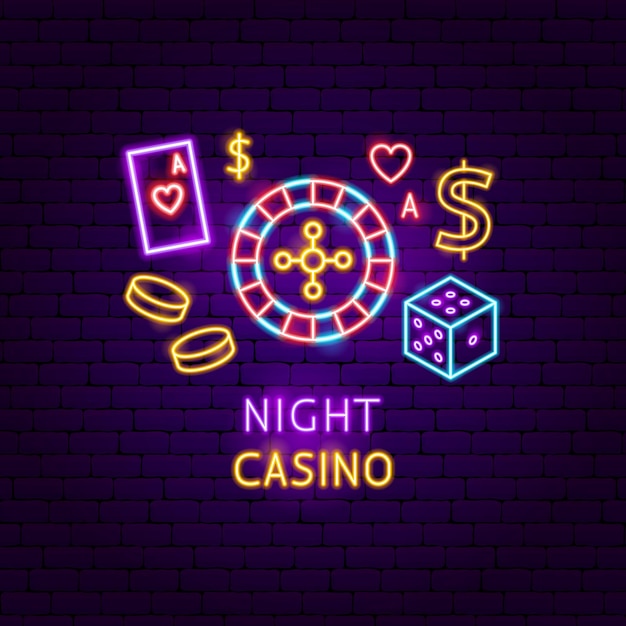 Etiqueta de neón del casino nocturno. ilustración de vector de promoción de juegos.