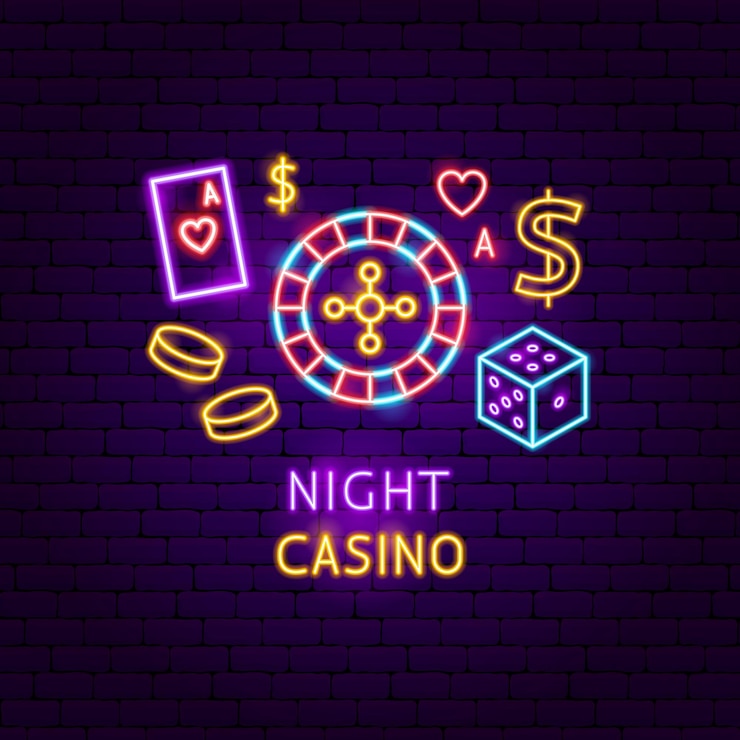 Vector etiqueta de neón del casino nocturno. ilustración de vector de promoción de juegos.