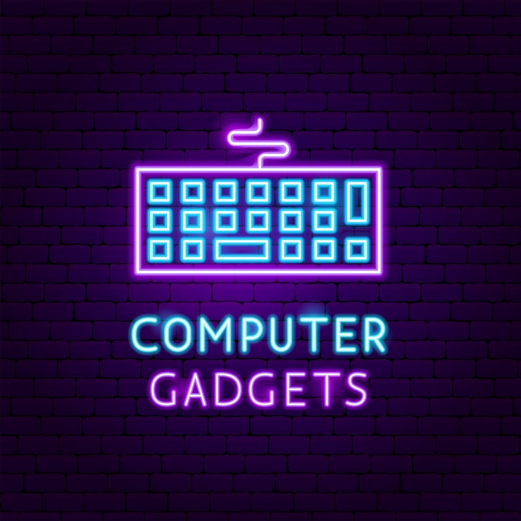 Vector etiqueta de neón de gadgets informáticos. ilustración de vector de promoción electrónica.