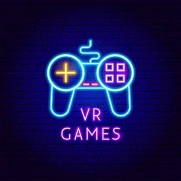 Etiqueta de neón de juegos de realidad virtual. ilustración de vector de promoción de jugador.