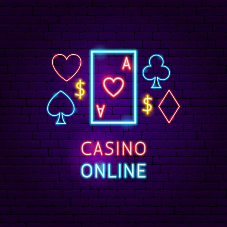 Vector etiqueta de neón en línea del casino. ilustración de vector de promoción de juegos.