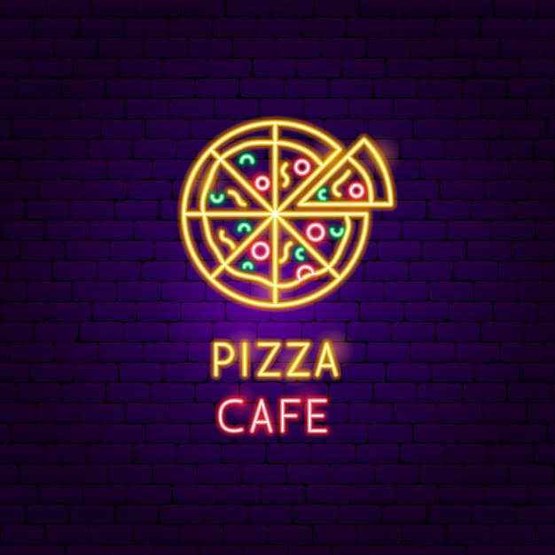 Etiqueta de neón de Pizza Cafe. Ilustración de vector de promoción alimentaria.