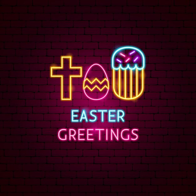 Etiqueta de neón de saludos de Pascua. Ilustración de vector de promoción de vacaciones de temporada.