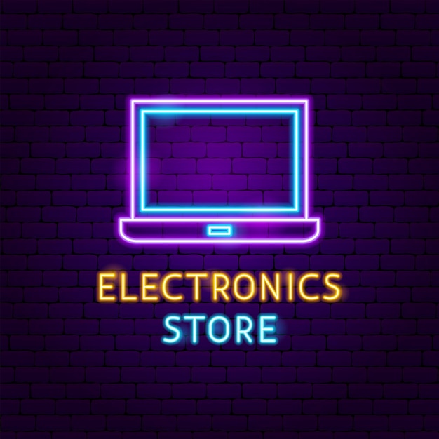 Etiqueta de neón de la tienda de electrónica. ilustración de vector de promoción tecnológica.