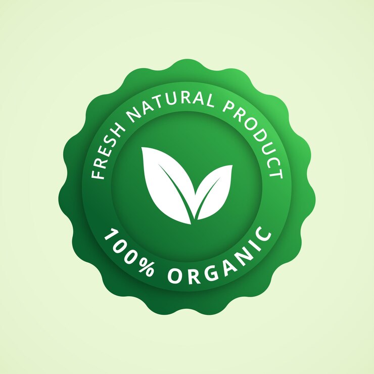 Etiqueta o pegatina de medalla de producto natural fresco 100 por ciento orgánico con el logotipo de la hoja en verde