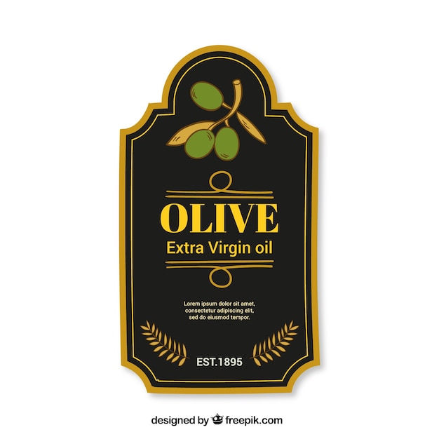 Vector etiqueta oscura de aceite de oliva con marco dorado