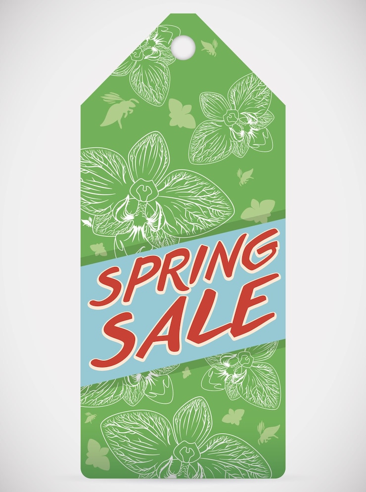 Vector etiqueta de papel verde con contorno de orquídeas y abejas y etiqueta azul con texto de venta de primavera