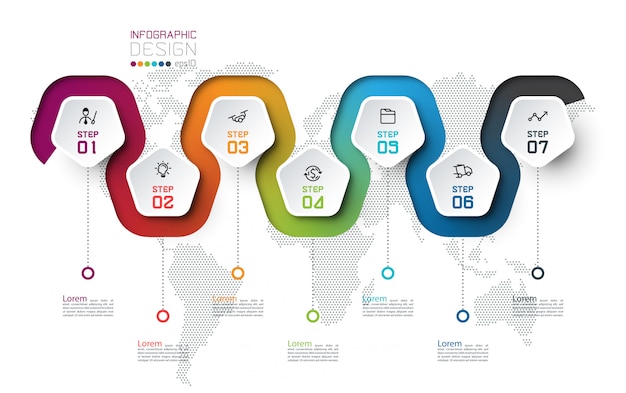 Etiqueta del pentágono con línea de color vinculada infografía.