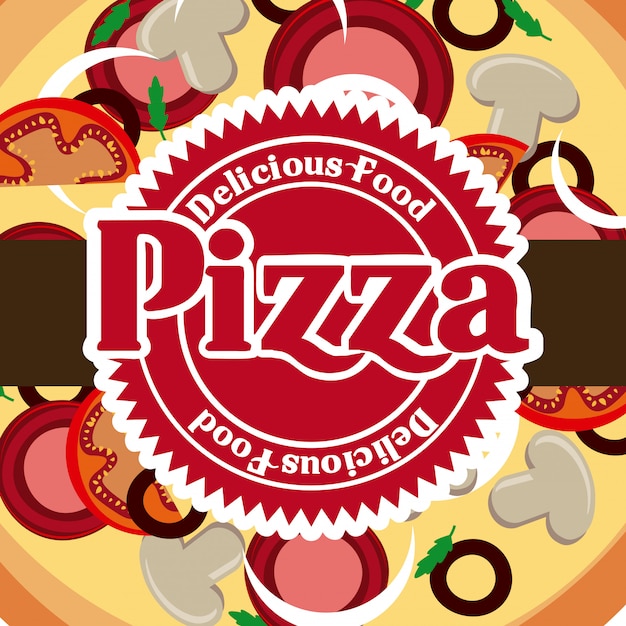 Etiqueta de pizza caliente sobre plato fondo ilustración vectorial